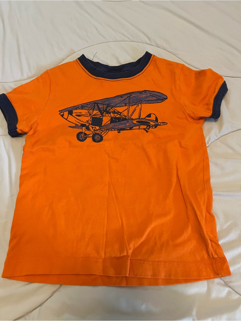 Hanna Anderson Orange Airplane Graphic Kids T-Shirt with Navy Trim
